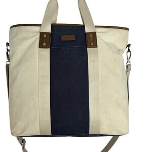 Coach Heritage Web Tote Bag Canvas Leather 16 x 16 Navy Blue Beige